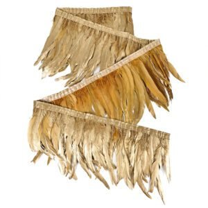Gold Rooster Feather Fringe Trim—2.15 yards (approx. 1.97 meters) in length, 8–10 inches in width. Ideal for feather shawls, capes, DIY sewing crafts, costume making, and wedding decorations.