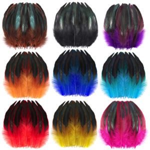 Colored Rooster Tail Feathers — Pack of 100 or 200 (Bulk), 5–7 Inches; Natural Small Feathers Ideal for Hats, Kindergarten DIY Crafts, Art Projects, Party & Table Decorations, and Costume Making (Multicolor)