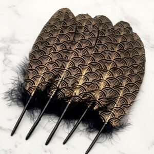 100 Pcs Gold Dipped Black Goose Feathers 6-9 Inch Gold Patterned Cloud Feather for Halloween Crafts DIY Party Wedding Dream Catcher