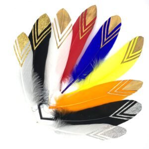 Set of 100 Natural Goose Feathers with Double-V Chevron Pattern (Symbolizing Direction & Strength) — Featuring Zigzag/Arrowhead Designs and Gold-Plated White Feathers | Bohemian Style Ideal for Easter, Christmas, Cake Decoration, Apparel Embellishment, and Baby Shower Decor (Luxurious Gold Finish)